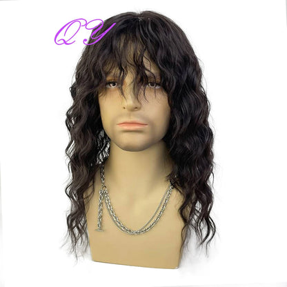 Synthetic Men Wig Natural Curly Dark Brown Color Male Wig With Bangs Water Wave Daily or Cosplay Adjustable Man Hair Wig