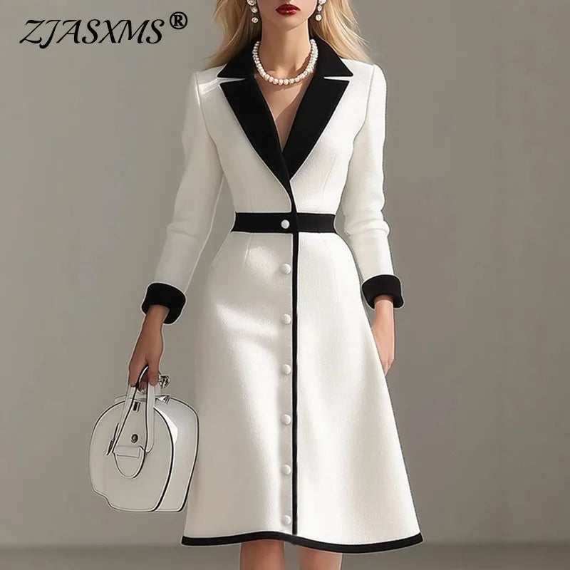 Women’s Contrast-Collar Blazer Dress – Notched, Single-Breasted, Knee-Length