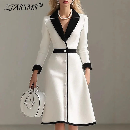 Women’s Contrast-Collar Blazer Dress – Notched, Single-Breasted, Knee-Length