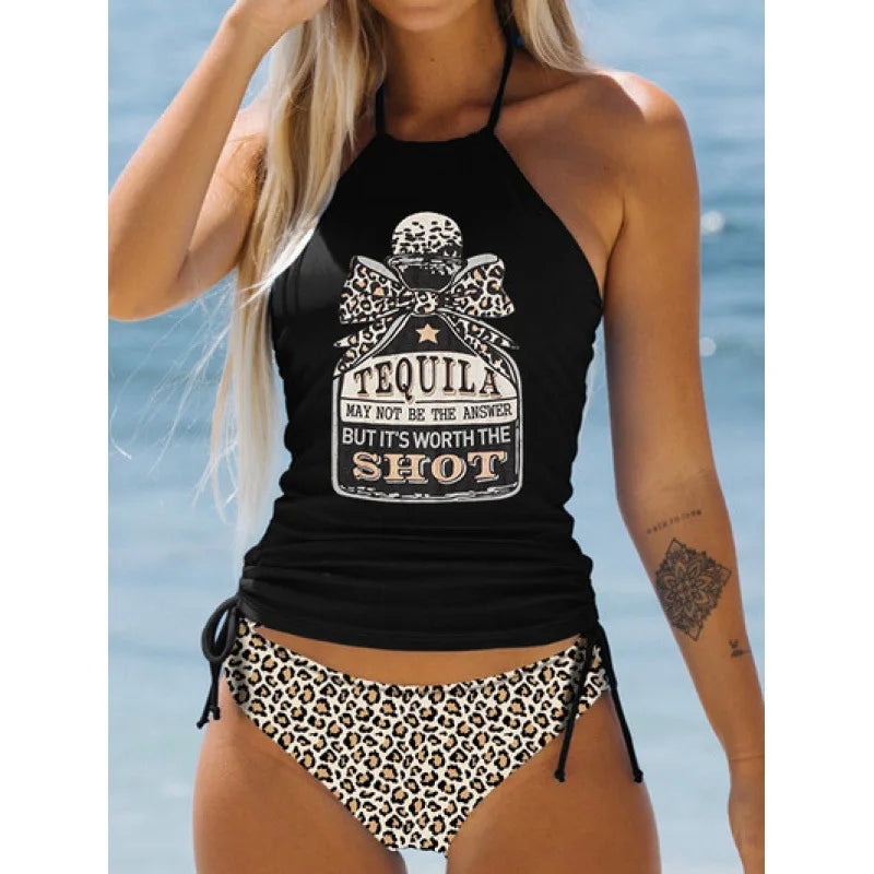 Women’s Halter Tankini Set – Drawstring Side Top & Bikini Bottom