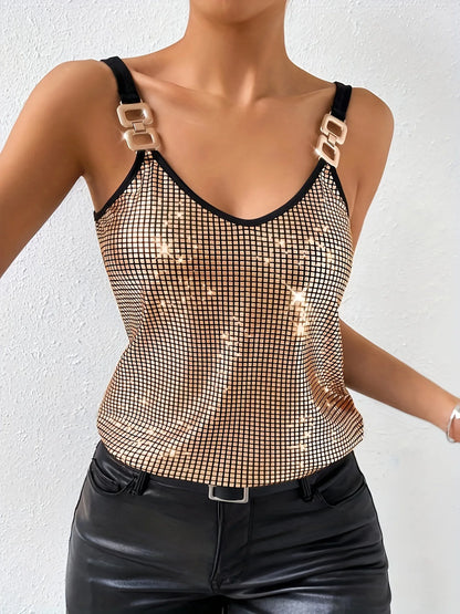 Sequin Chain-Strap Tank – Y2K Night-Out Cami in Gold
