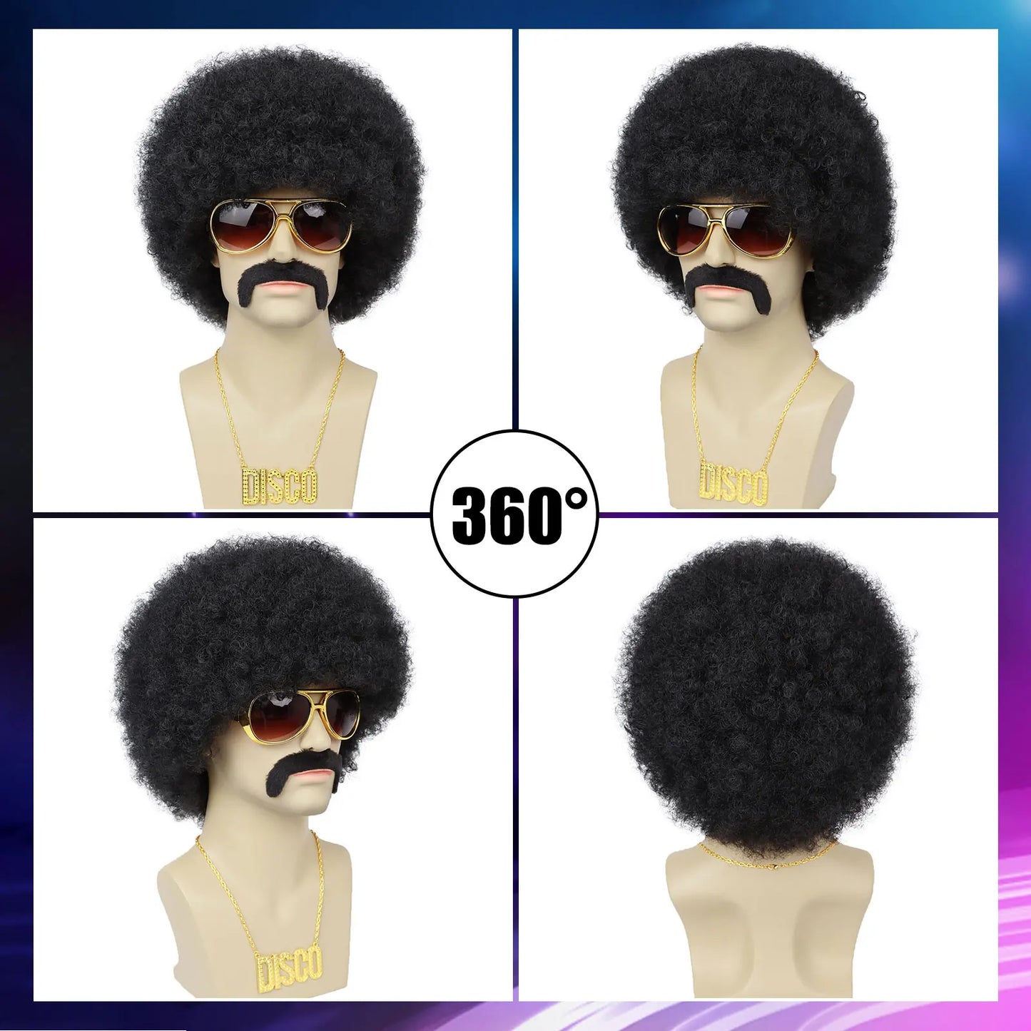 Men’s 70s Disco Wig & Accessories Set – Afro Wig, Mustache, Shades & Disco Chain – Black