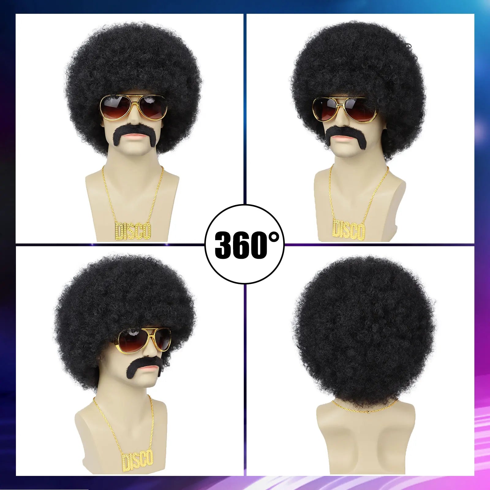 Men’s 70s Disco Wig & Accessories Set – Afro Wig, Mustache, Shades & Disco Chain – Black