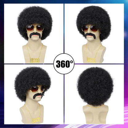 Men’s 70s Disco Wig & Accessories Set – Afro Wig, Mustache, Shades & Disco Chain – Black