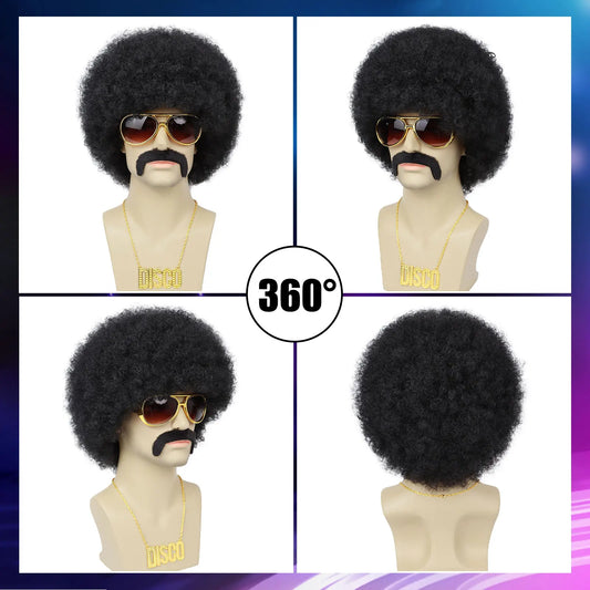 Men’s 70s Disco Wig & Accessories Set – Afro Wig, Mustache, Shades & Disco Chain – Black