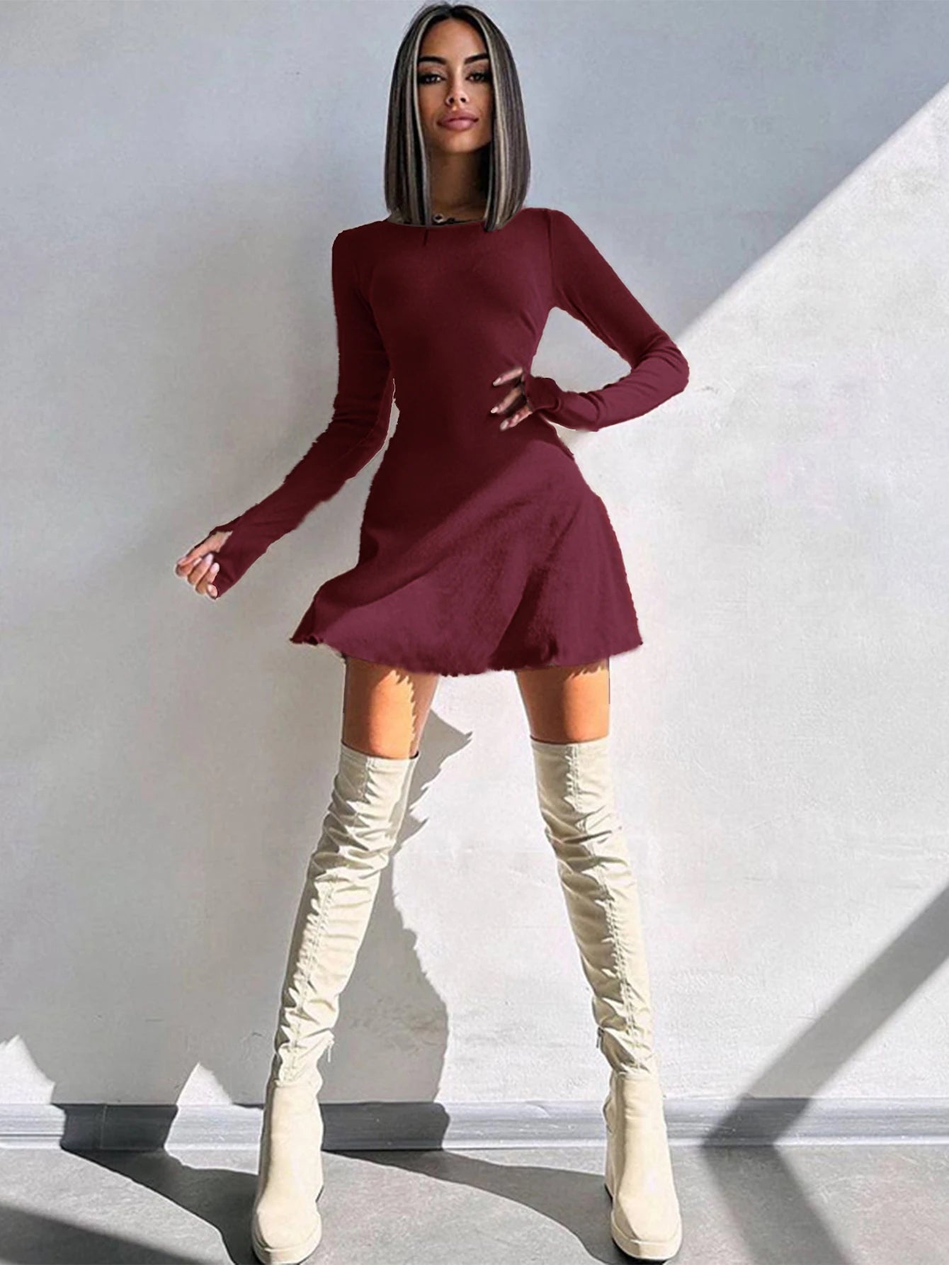 Women’s Lace-Up Back Mini Dress – Long Sleeve, Ribbed Knit, Flared Hem