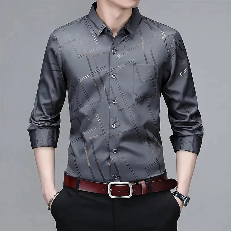 Men's Casual and Fashionable Long Sleeved Printed Shirt, Non Ironing and Wrinkle Resistant Business Top - The Dock Drop