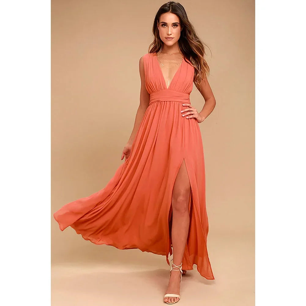Backless Deep-V Chiffon Maxi Dress – Flowy Slit Evening Gown
