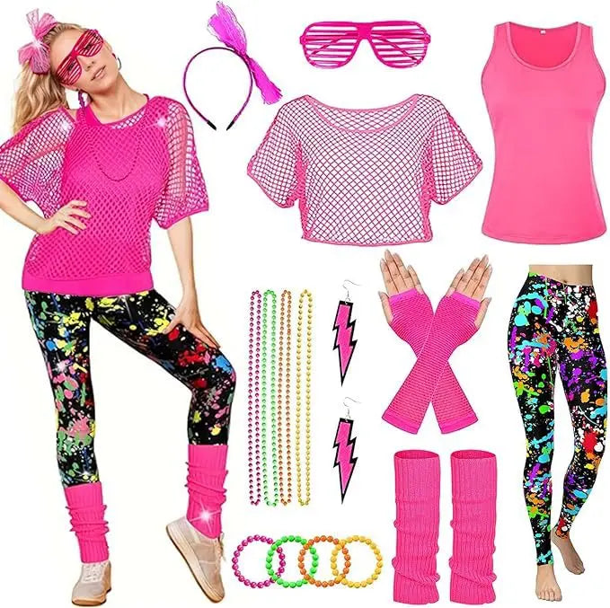 Women’s 80s Workout Outfit Set – Neon Mesh Top & Leggings – Rose Leopard – L