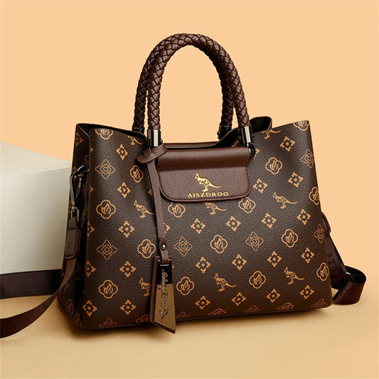 Elegant Pattern Tote – Kangaroo Brown Shoulder Handbag with Braided Handle