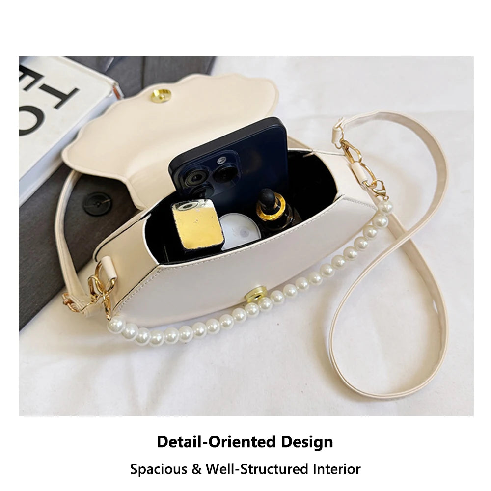 Shell-Shaped Crossbody Bag – Pearl Trim, Compact Chic