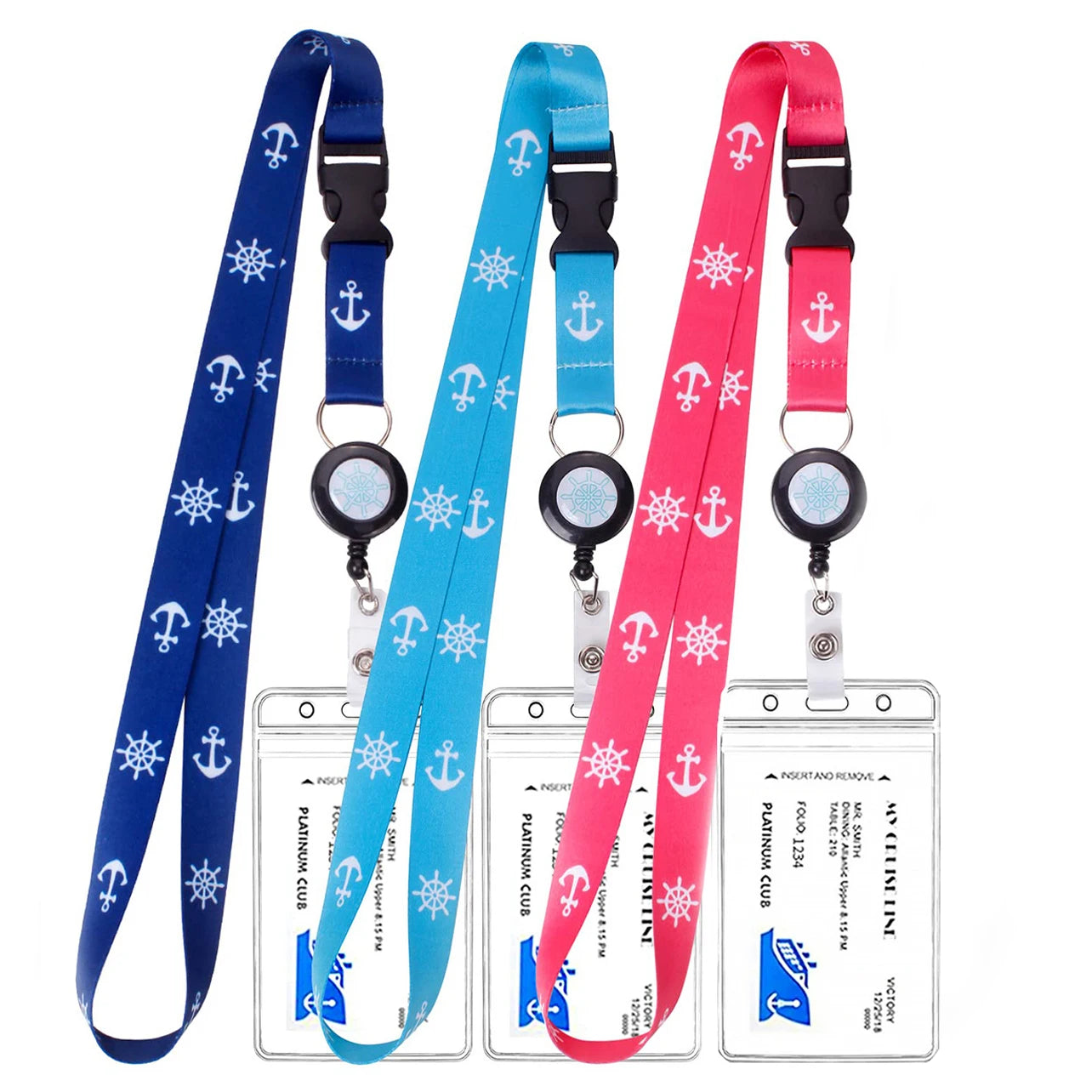 Three lanyard ID badge holders shown on a white background, each with a different bright color: navy blue, light blue, and pink. The web straps are printed with a white nautical anchor and sailboat motif, and each includes a black retractable badge reel and clear plastic ID badge holder.