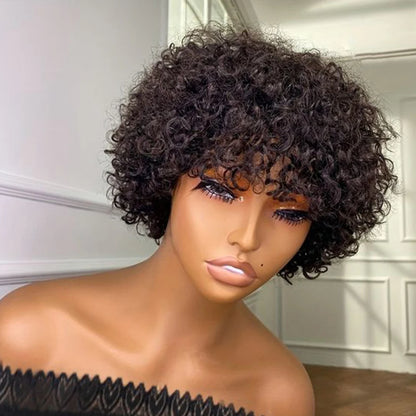 Short Curly Human Hair Wig with Bangs – Natural Brown Pixie Style