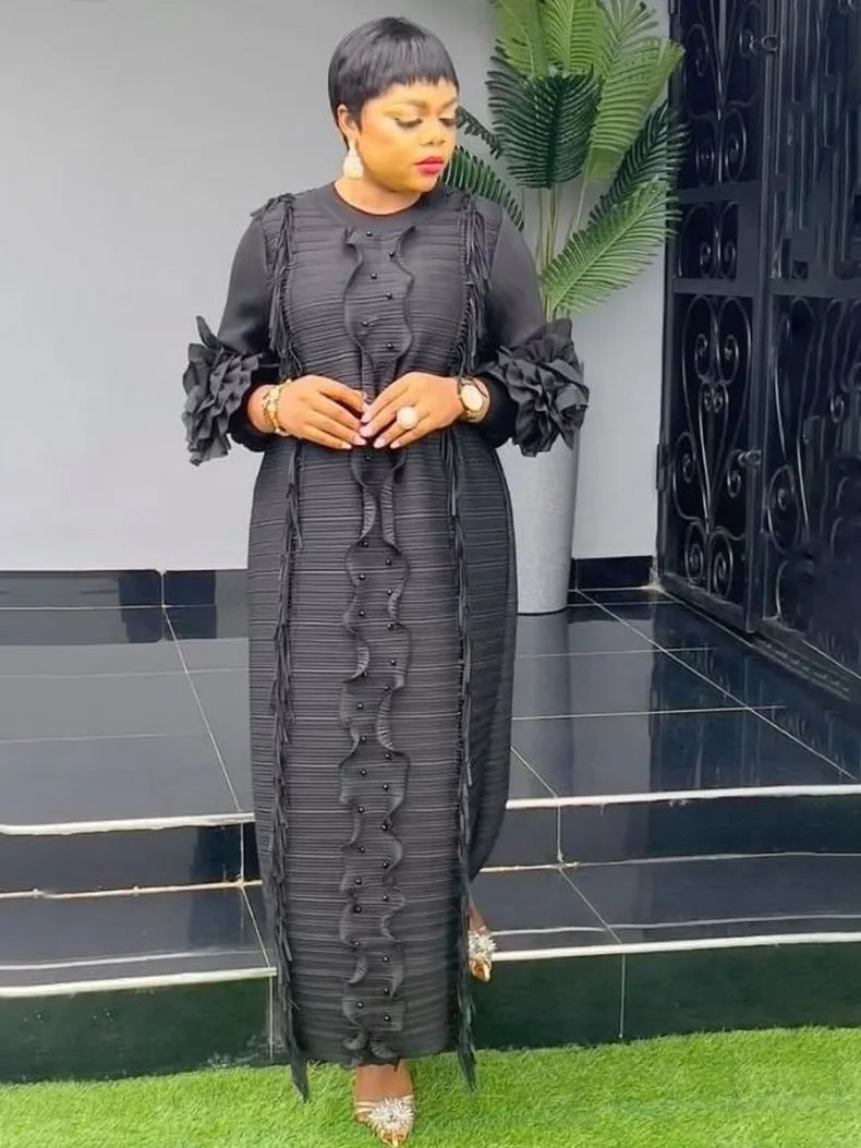 Elegant Pleated Lantern-Sleeve Midi Dress