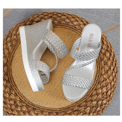 Women’s Braided Wedge Sandals – Slip – on Platform Summer Heels