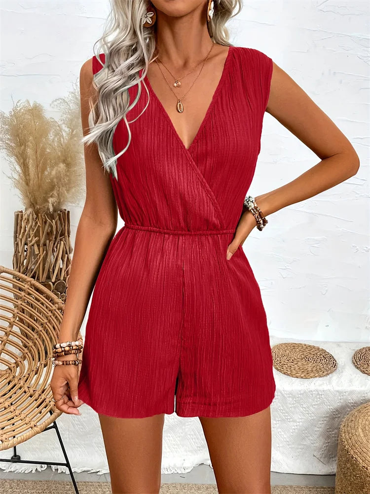 Women’s Pleated V-Neck Romper – High Waist, Sleeveless