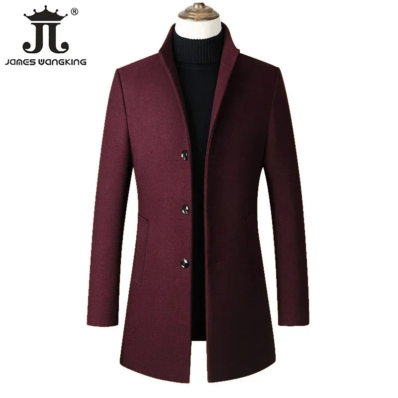 Men’s Wool-Blend Winter Overcoat – Stand Collar, Slim Long Coat