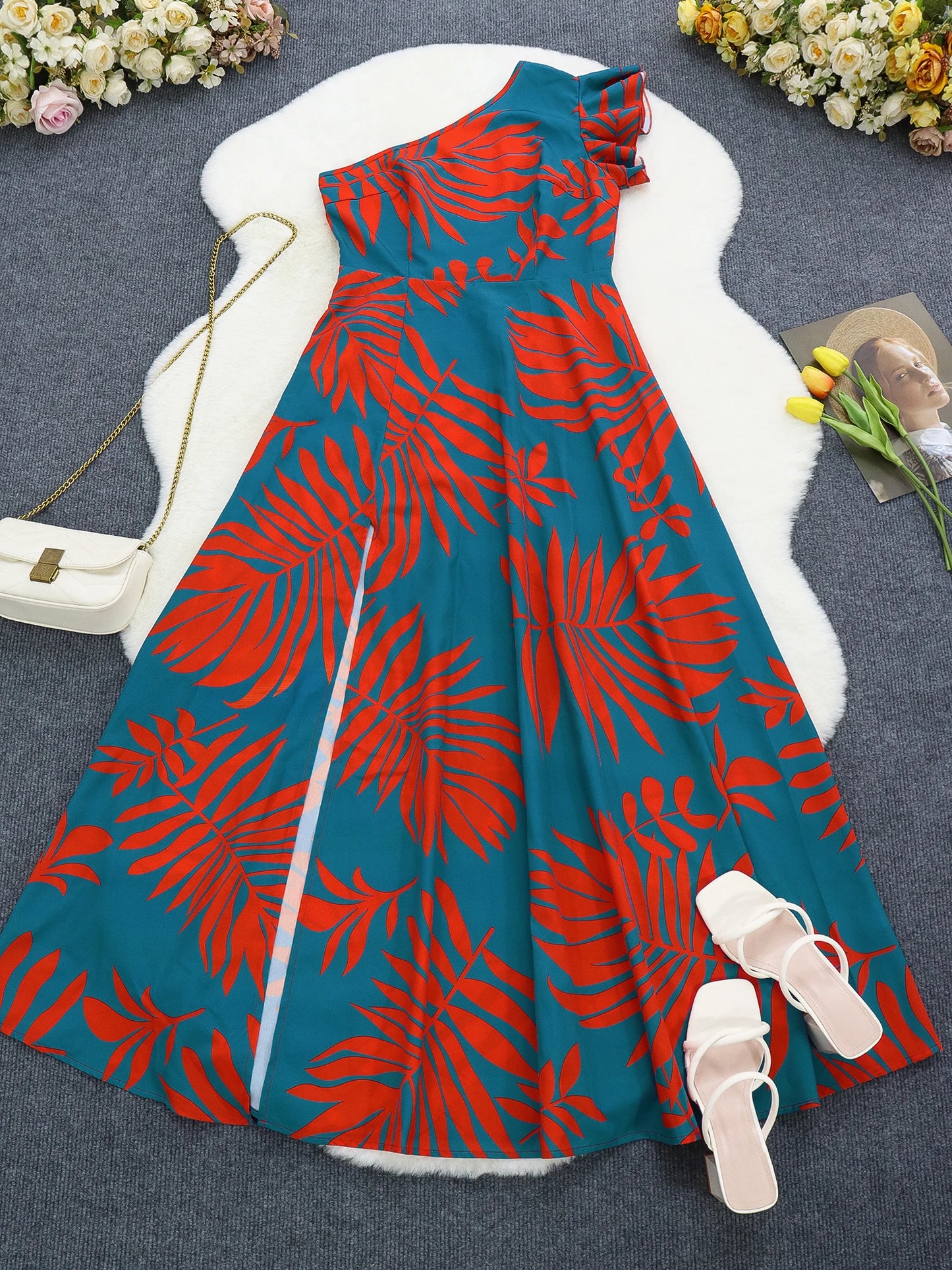 One-Shoulder Tropical Print Maxi Dress – Split Hem