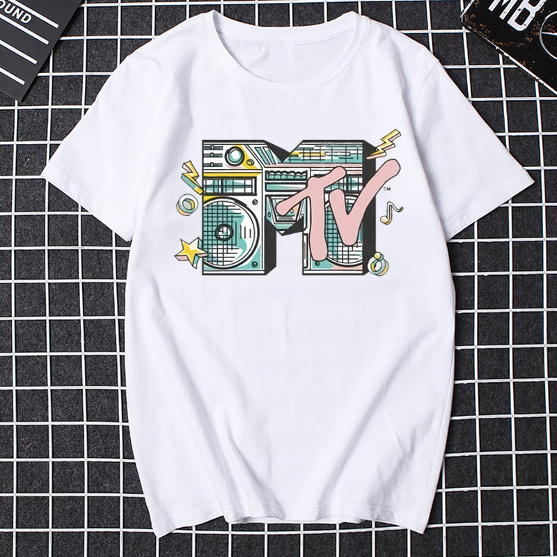 Men’s 80s Graphic T – Shirt – Retro Music Print Tee – White Classic Logo – XL