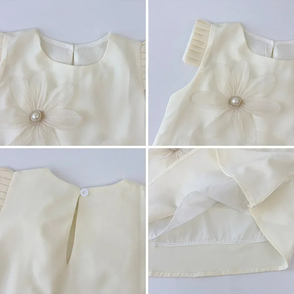 Girls’ 3D Flower A-Line Dress – Sleeveless, Knee Length