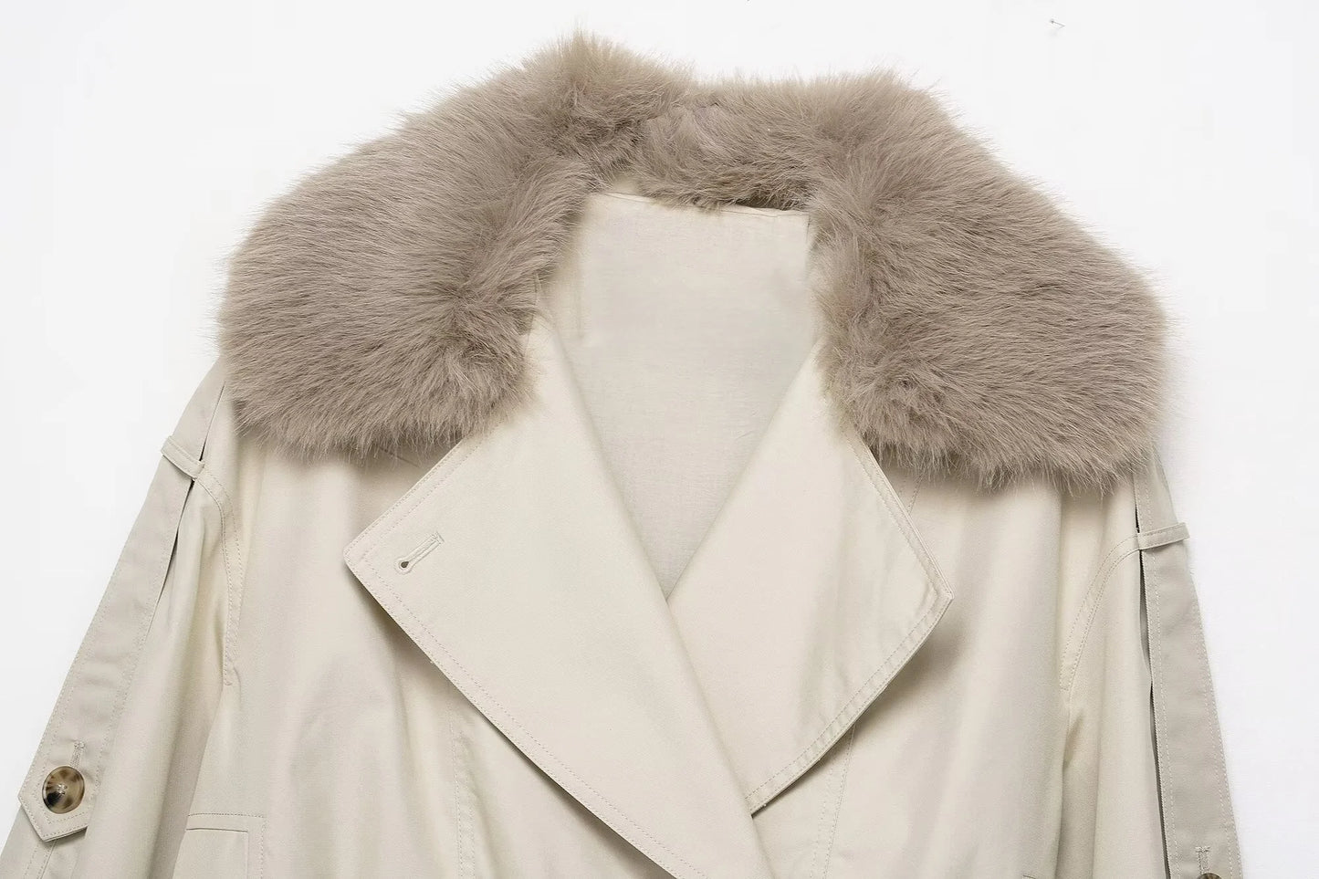 Women’s Short Faux-Fur Collar Trench Coat – Double-Breasted Jacket