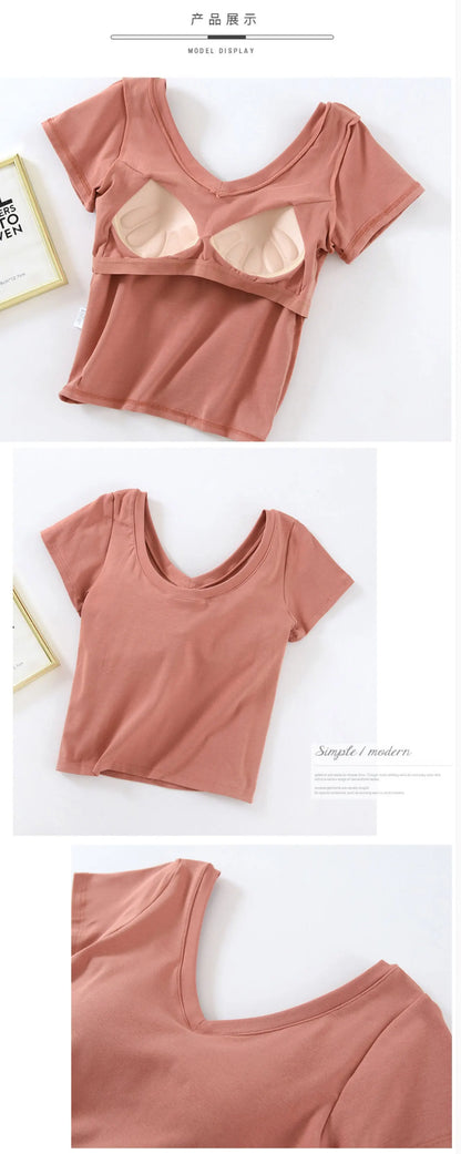 Women's & Teens Cotton Short-Sleeve Padded V-Neck Top