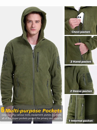 Men’s Fleece Zip-Up Hooded Jacket – Warm, Multi-Pocket, Outdoor Ready