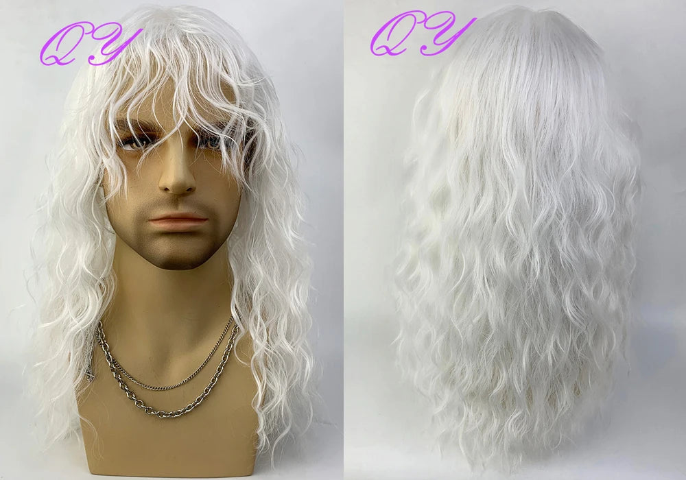 Synthetic Men Wig Natural Curly Dark Brown Color Male Wig With Bangs Water Wave Daily or Cosplay Adjustable Man Hair Wig