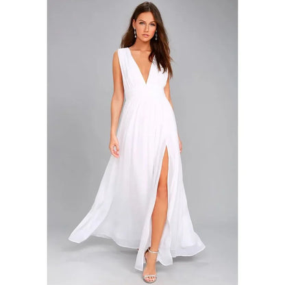 Backless Deep-V Chiffon Maxi Dress – Flowy Slit Evening Gown