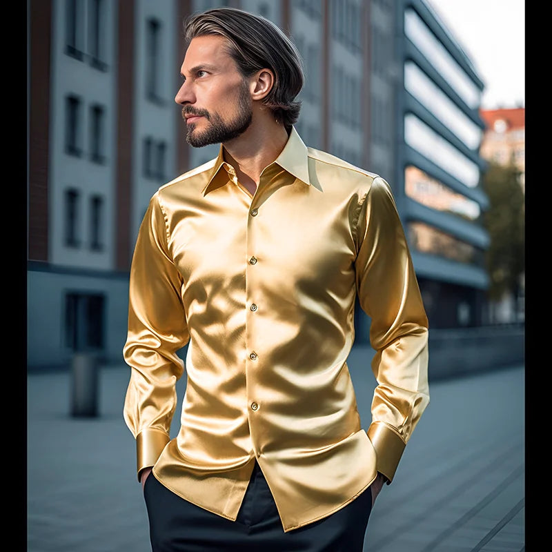 Men’s Satin Dress Shirt – Long Sleeve Formal Button Down