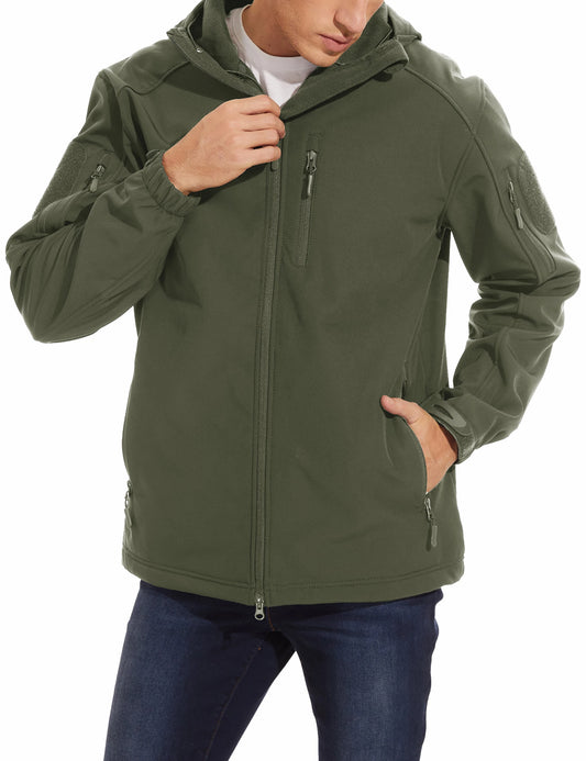 Person wearing a green jacket with a hood on a white background