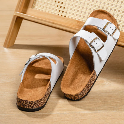 Men’s Double – Buckle Cork Slides – Comfortable Summer Sandals – White – 44