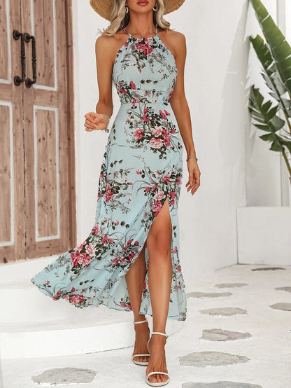 Women’s Floral High-Slit Halter Dress – Sleeveless, Summer Maxi