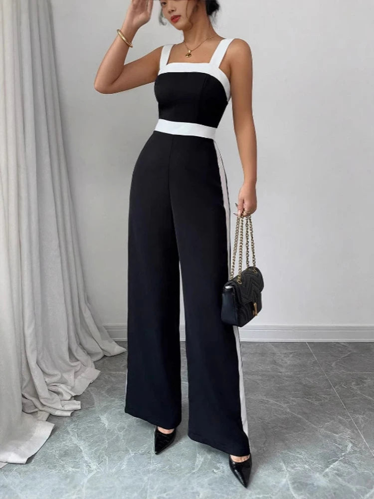Women’s Contrast-Trim Jumpsuit – Square Neck, Wide Leg