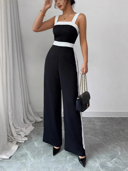 Women’s Contrast-Trim Jumpsuit – Square Neck, Wide Leg