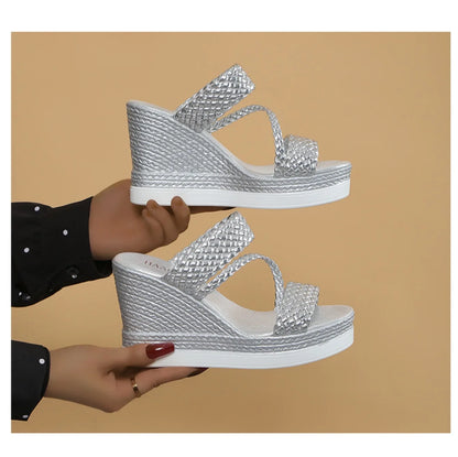 Women’s Braided Wedge Sandals – Slip – on Platform Summer Heels – Gold – 41