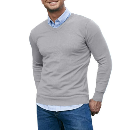 Men’s V-Neck Knit Pullover Sweater – Lightweight Long Sleeve