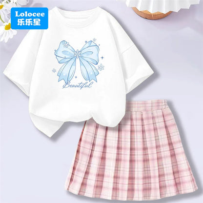 Girls’ T-Shirt & Plaid Skirt Set – 2 Piece Outfit
