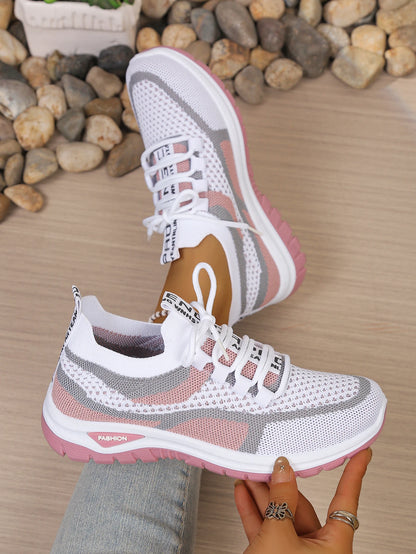 Women’s Lightweight Patchwork Lace-Up Sneakers – Casual Travel Walking Shoes