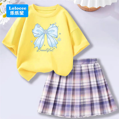 Girls’ T-Shirt & Plaid Skirt Set – 2 Piece Outfit