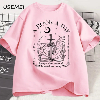 Unisex Graphic Cotton Tee – “A Book a Day” Fantasy Reader Shirt - The Dock Drop