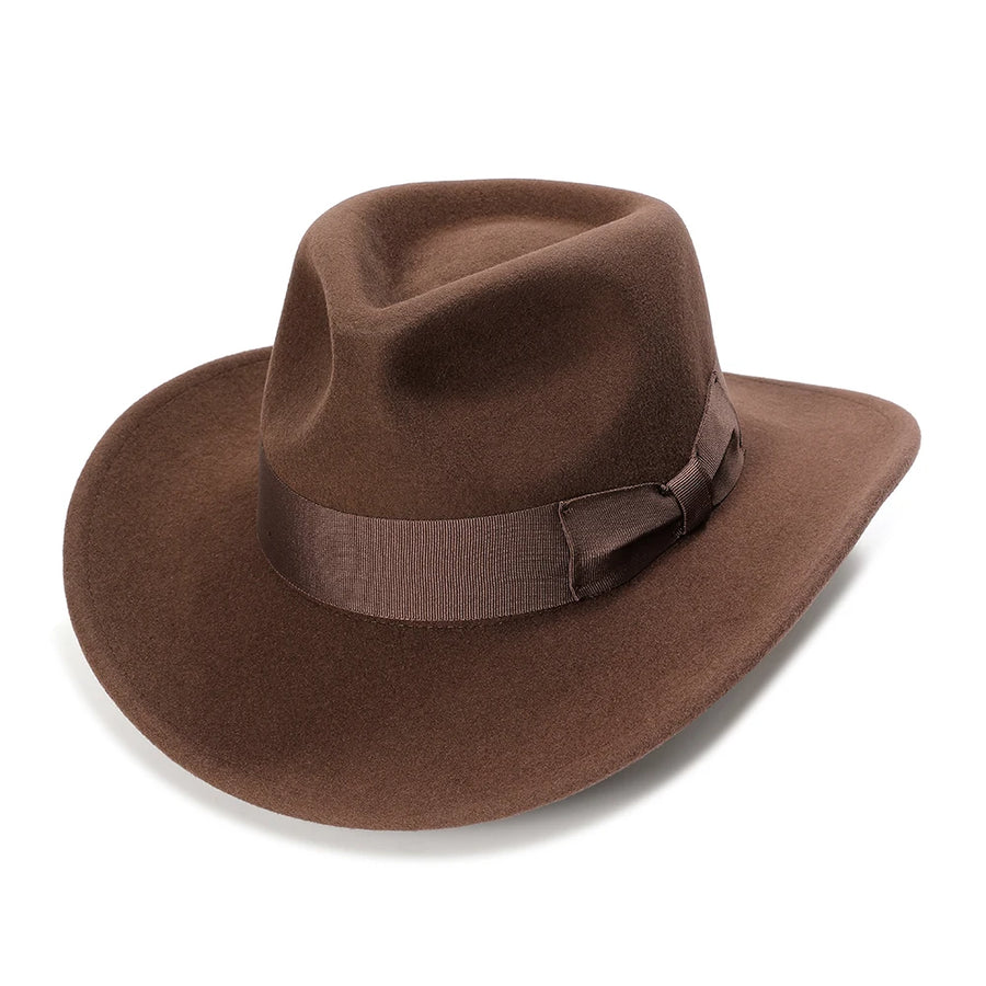 Brown fedora hat with a ribbon on a white background