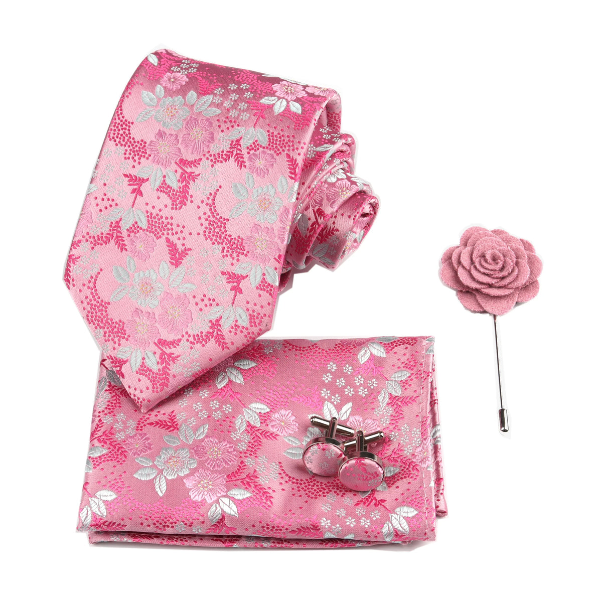 Men’s Floral Necktie Set – Tie, Pocket Square & Cufflinks