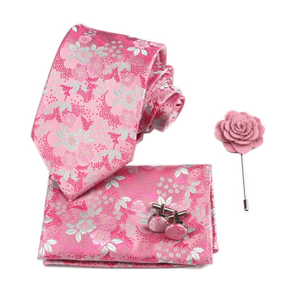 Men’s Floral Necktie Set – Tie, Pocket Square & Cufflinks