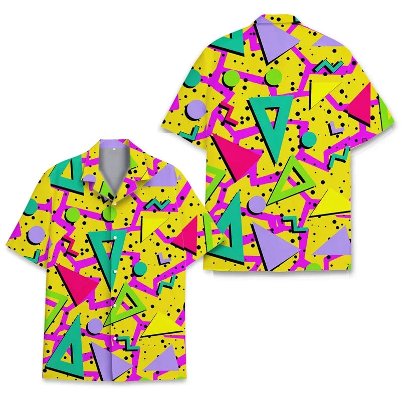 Colorful geometric patterned shirt with triangles on a white background