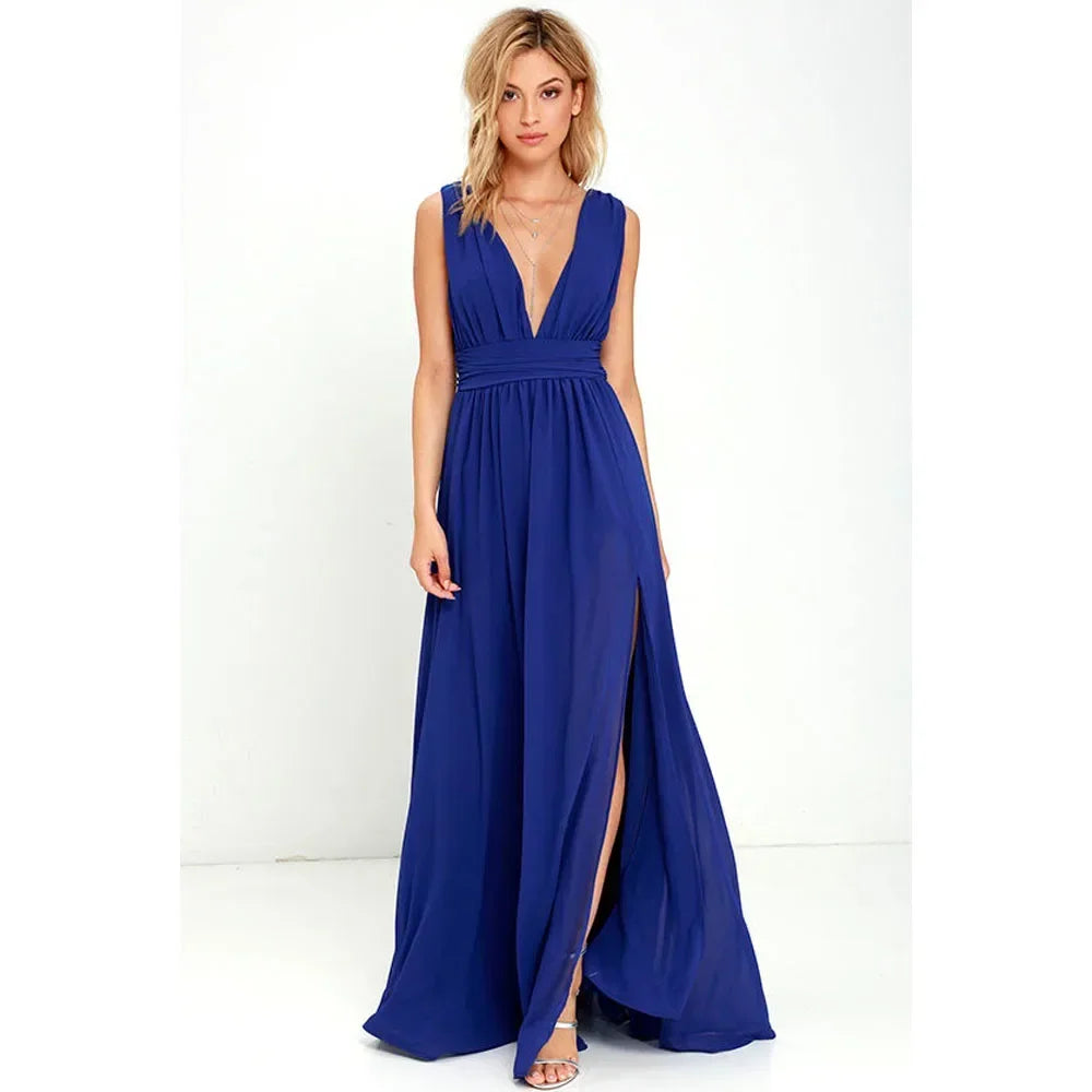 Backless Deep-V Chiffon Maxi Dress – Flowy Slit Evening Gown