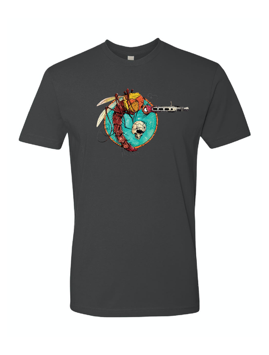 Black t-shirt with a colorful graphic design on a white background