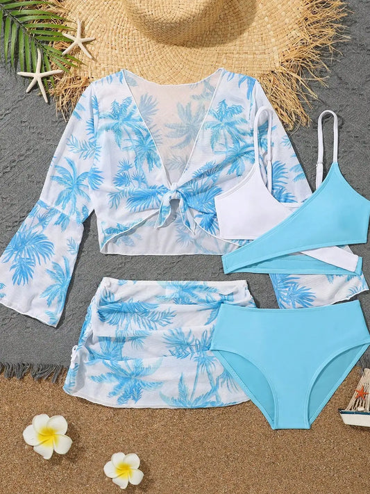 Blue and white floral bikini set with a straw hat on a beach-themed background