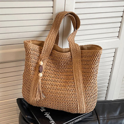 Women’s Woven Vacation Tote Bag – Lightweight Straw Beach Bag with Zipper