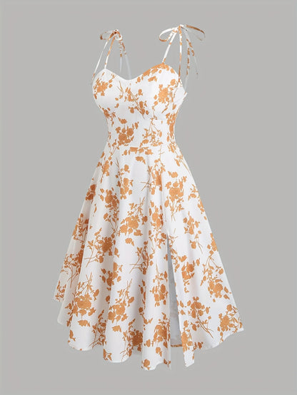 Women’s Floral A-Line Bow-Tie Dress – Sweetheart Neck, Adjustable Straps